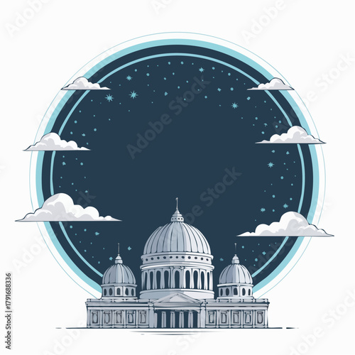 Illustration of a grand capitol building under a starry night sky with clouds.