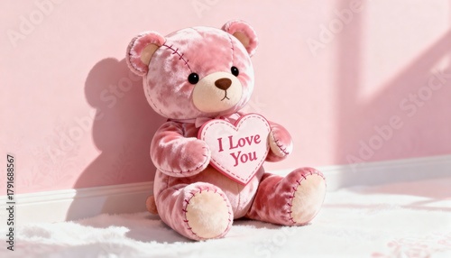 A photorealistic plush teddy bear holds a heart-shaped I love you sign, featuring a velvet texture and soft stitching in a warm pink and white Valentine's Day illustration with gentle lighting.