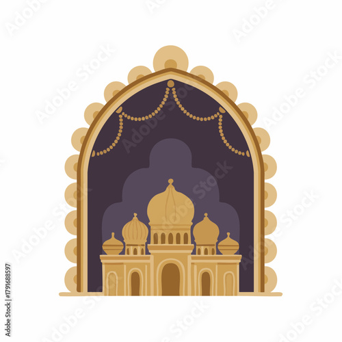 Ornate golden archway framing a stylized Middle Eastern building with multiple domes against a dark background, featuring decorative garlands.