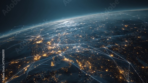 night earth with glowing city lights linked by bright connection lines, digital economy concept