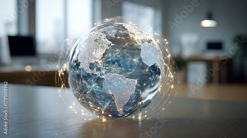 transparent digital earth floating over office desk with glowing connection lines, global finance, fintech technology