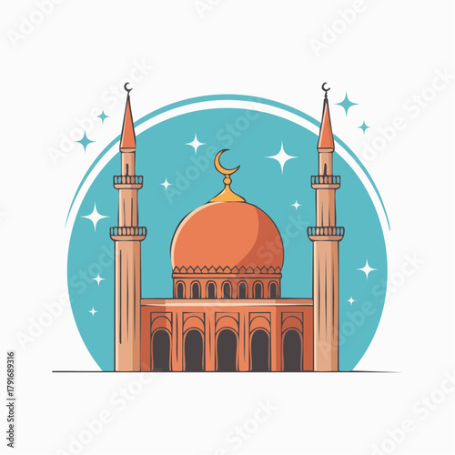 Mosque illustration with crescent moon and minarets.