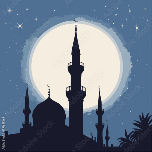Mosque silhouette against a full moon and starry night sky.