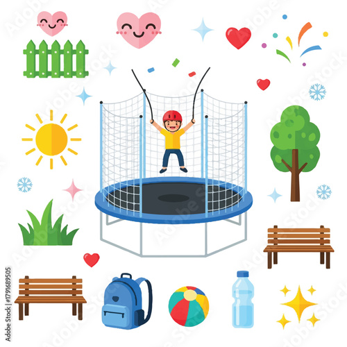 A cartoon illustration of a child jumping on a trampoline surrounded by playful elements like hearts, a sun, and park benches.