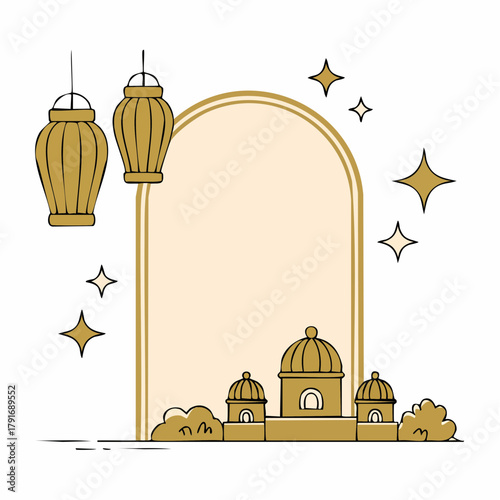 Ramadan Kareem Celebration with Lanterns and Mosque Illustration.
