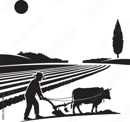 A timeless agricultural concept illustrated in a stark silhouette of a farmer plowing a field with an ox, representing tradition and hard work