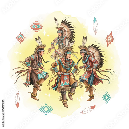 Watercolor illustration of four Native American men in traditional clothing performing a ceremonial dance, surrounded by feathers and geometric designs.