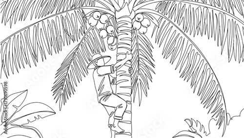 Farmer Climbing Palm Tree to Pick Coconuts — Black Continuous Close-Up Line Art Symbolizing Tropical Agriculture on White Background