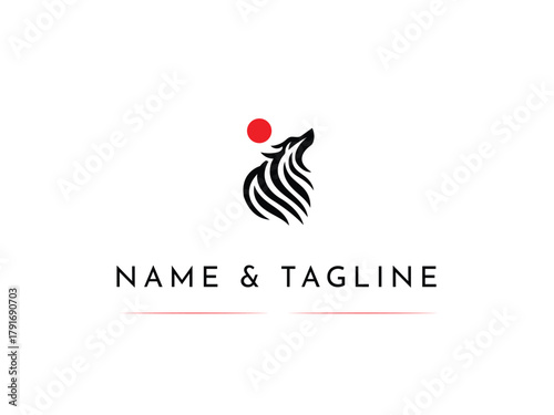 Minimalist wolf howling at the moon logo design