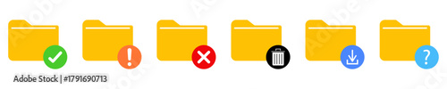 Set of yellow folder icons. File folder icons. File folder with check, warning, error, delete, download, and question mark icons. Flat design. Vector illustration.