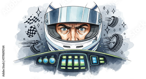 Intense racer in helmet behind dashboard, surrounded by racing elements like checkered flags and speeding tires, conveying speed and competition.