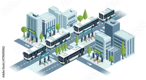 Isometric illustration of city transportation with buses and buildings
