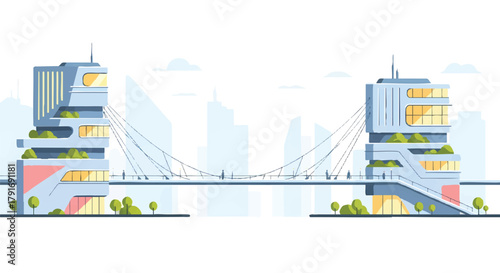Modern buildings connected by a bridge over a city landscape illustration