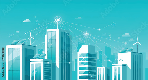Modern cityscape illustrating technology and sustainable energy solutions