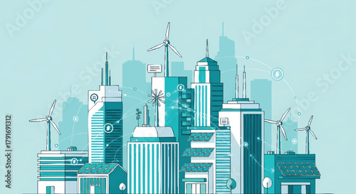 Modern cityscape with wind turbines and skyscrapers in vector illustration