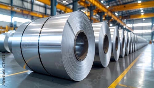 Shiny Steel Rolls in Industrial Warehouse with Manufacturing  Factory Production.