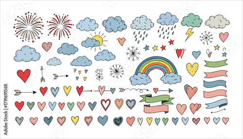 A collection of hand-drawn doodle elements including hearts, clouds, fireworks, rainbows, banners, stars, sun, and raindrops, arranged on a white background.