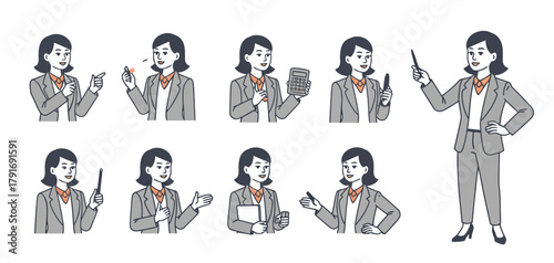 Professional businesswoman gestures, poses, and work actions