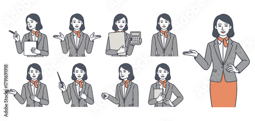 Asian businesswoman poses illustration set, professional employee