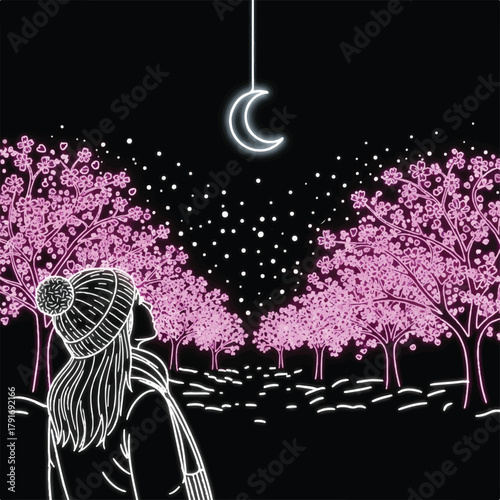 A woman in a winter hat and scarf looks up at a neon crescent moon hanging above cherry blossom trees in a park at night.