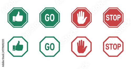 Go stop signs with thumbs up and hand gesture vector symbols