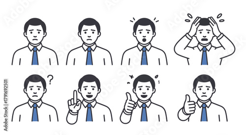 Businessman displaying diverse emotional reactions and gestures