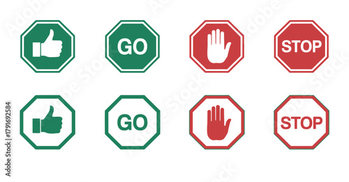Go and stop signs vector set with hand gestures and text icons