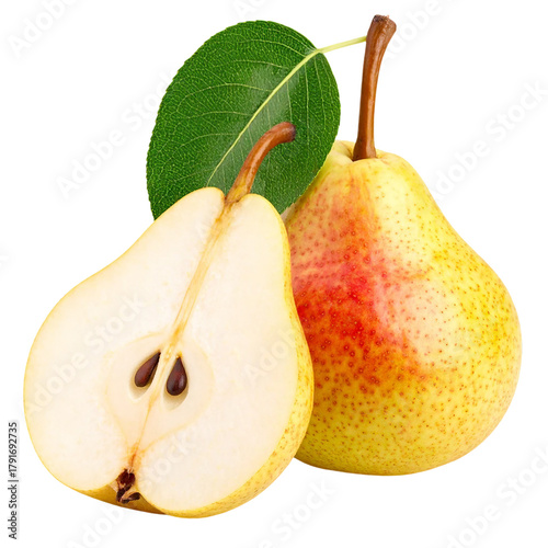 fresh ripe pear with leaves isolated on white or transparent background