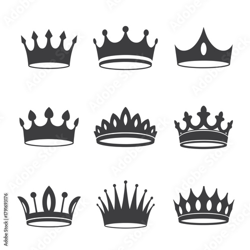 Set of crown icons, royal symbols for power and achievement design