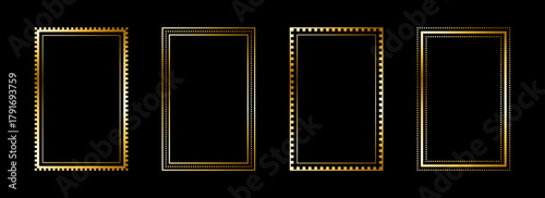 Gold thin rectangle frame set. Shining golden square borders in art deco style. Thin linear rectangular cadre collection. Vector yellow glowing shiny boarder element pack for photo, poster, tarot card