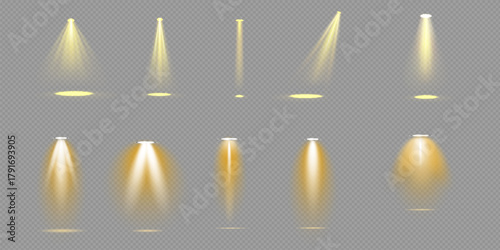 The yellow spotlight shines on the stage. light exclusive use lens flash light effect. abstract light from a lamp or spotlight. lighted scene. podium under the spotlight.