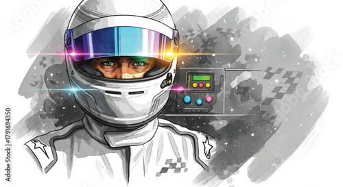 Illustration of a race car driver wearing a helmet with a colorful visor, with a control panel and checkered flag elements in the background.