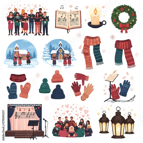 A collection of Christmas themed illustrations featuring carolers, churches, music sheets, winter accessories, and decorative elements.