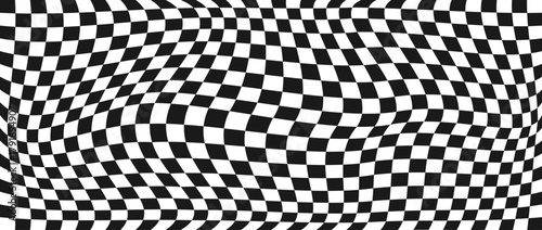 Trippy checkerboard background. Retro psychedelic checkered wallpaper. Wavy groovy chessboard surface. Distorted geometric grid chess pattern. Abstract black and white race flag backdrop. Vector