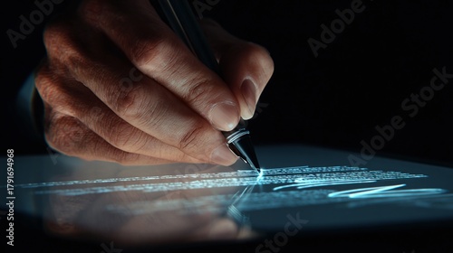 Close-up of hand digitally signing contract on tablet with stylus pen for secure and modern business transaction, embracing technology and innovation