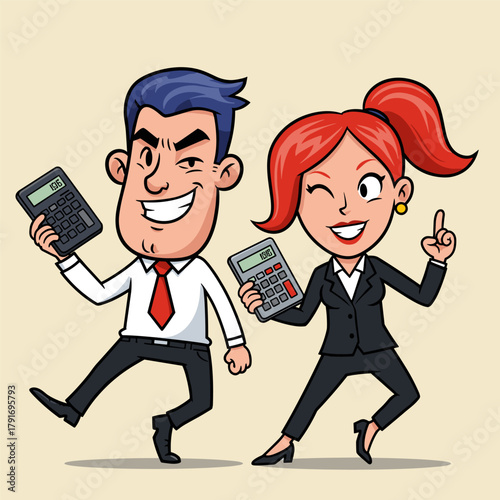 Energetic cartoon business duo holding calculators, smiling and winking against a neutral background.