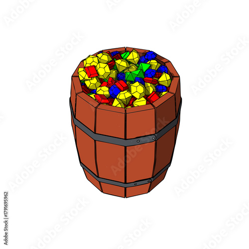 Wooden Old Vintage Barrel with Metal Bands filled by Gems. Vector Illustration.