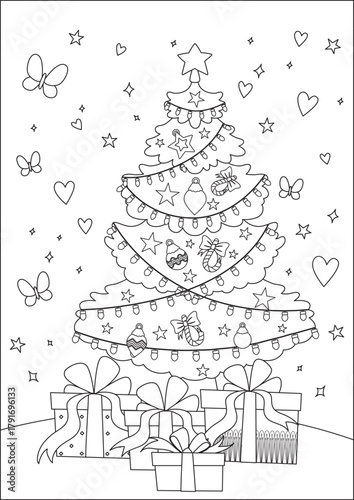 Simple Christmas Tree Coloring Page For Kids Gifts Xmas Decoration Vector
