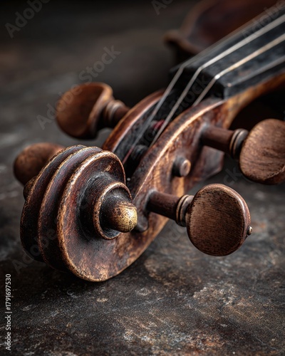 Intricate detail of vintage violin headstock with tuning pegs evokes timeless musical artistry and passion, perfect for classical music promotions or education