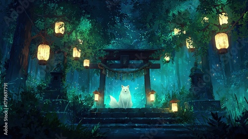 Glowing spirit fox sitting at a mystical japanese shrine entrance in a dark fantasy forest