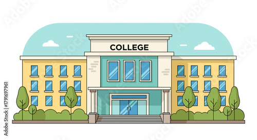 A flat modern cartoon illustration of college building front