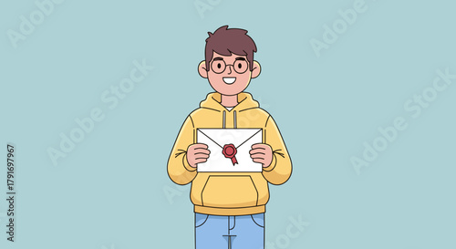 A flat modern cartoon illustration of student holding letter