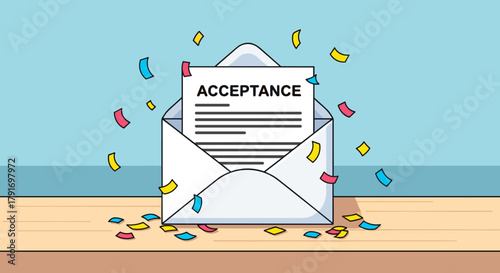 A cartoon-style digital illustration of an acceptance letter envelope on a desk with confetti around.