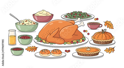 A cartoon-style digital illustration of a roast turkey on a festive table with side dishes.