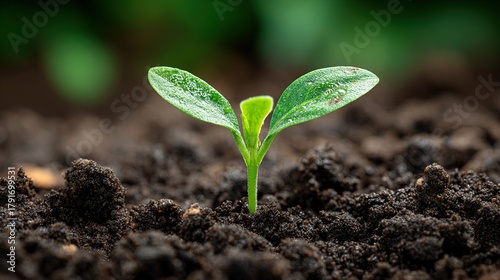 Single vibrant green seedling growing out of dark, rich fertile soil, representing new life.