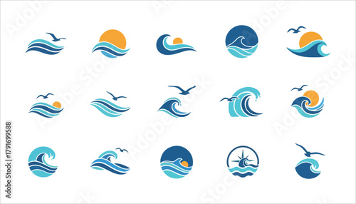 Collection of fifteen stylized logos featuring ocean waves, sun, and seagulls in blue and orange color palettes, isolated on a white background.