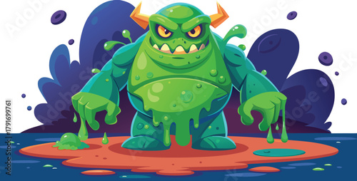 Fearsome green monster with sharp teeth and glowing eyes stands in a surreal, colorful landscape, ready to explore new worlds and adventures
