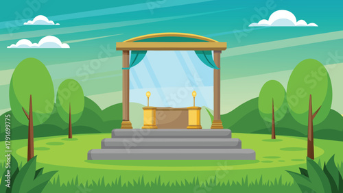 Enchanting outdoor wedding venue with gold accents and ethereal blue sky, perfect for storybook romance and fairytale celebrations, a charming scene