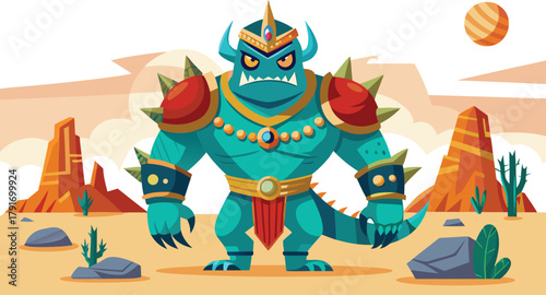 Fierce turquoise monster warrior with spiked armor stands in a desolate desert landscape under a striped sun, exuding power and ancient might.
