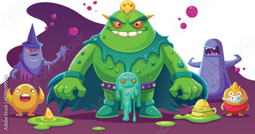 Vibrant cartoon monsters gather for a playful, spooky, and colorful fantasy adventure with a dominant green ogre boss